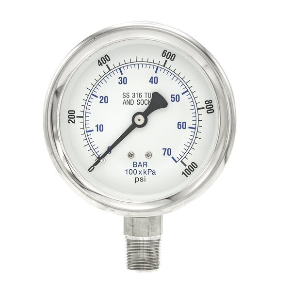 Pic Gauges Gauge, 4", 0/1000psi, 1/2"LM, SS PRO-301D-402M-01